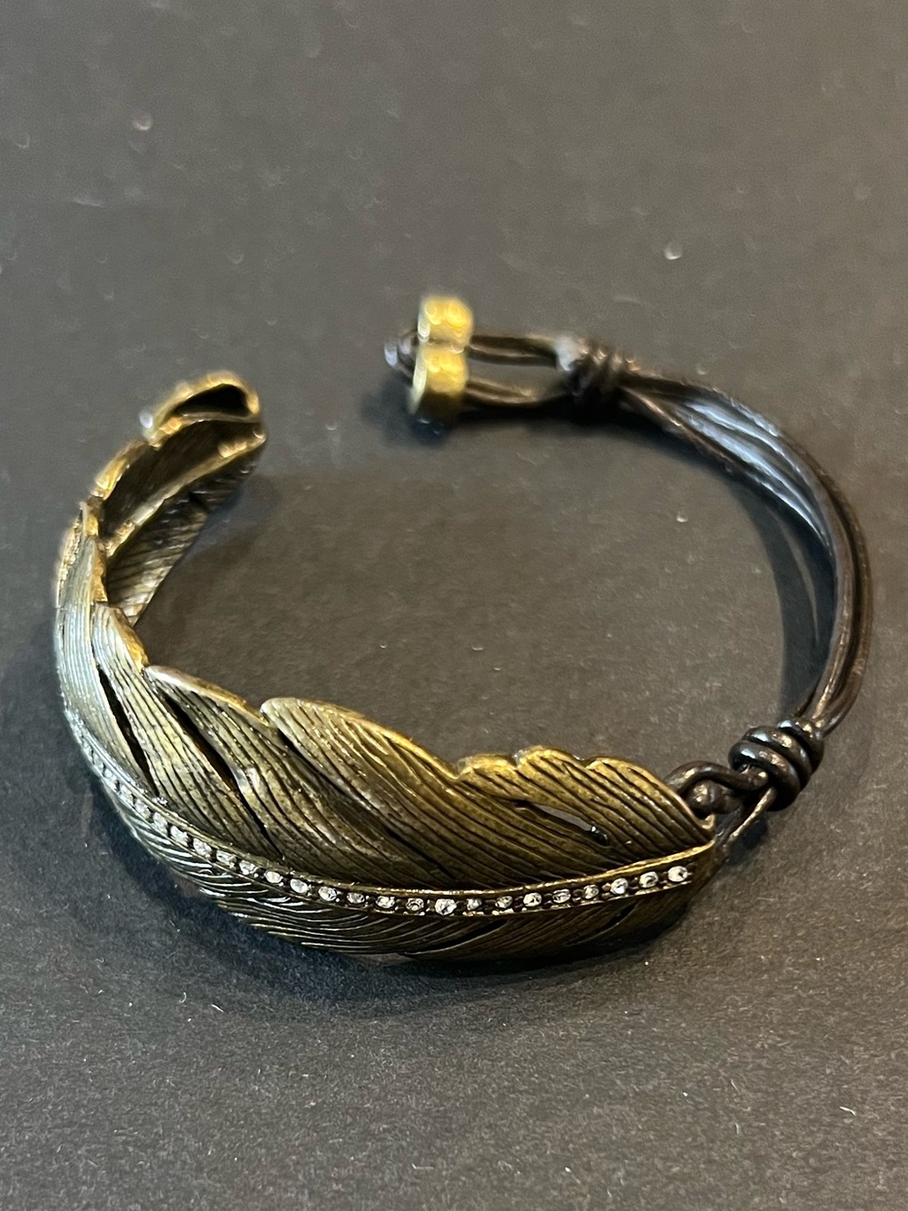 Fossil Bronze Feather Bracelet with Rhinestone Accent